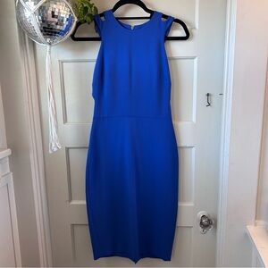 French Connection Blue Fitted Midi Dress with Back Cutouts